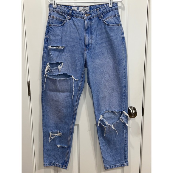 Bershka Denim - Bershka Denim Mom Jeans Light Wash Distressed Ripped Blue Size 8